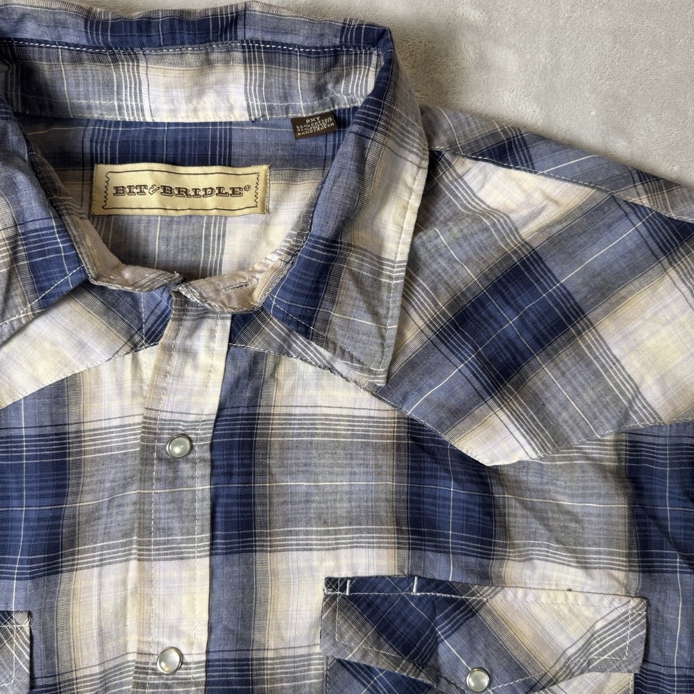 Bit & Bridle Mens 2XT Blue‎ Plaid Western Pearl Snap Long Sleeve Shirt Tall